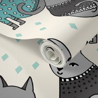 cats in sweaters // grey and blue fashion print for winter christmas cats and repeating fashion print textiles 