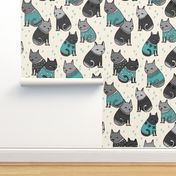 cats in sweaters // grey and blue fashion print for winter christmas cats and repeating fashion print textiles 