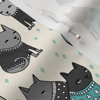 cats in sweaters // grey and blue fashion print for winter christmas cats and repeating fashion print textiles 