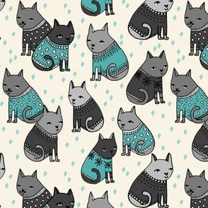 cats in sweaters // grey and blue fashion print for winter christmas cats and repeating fashion print textiles 