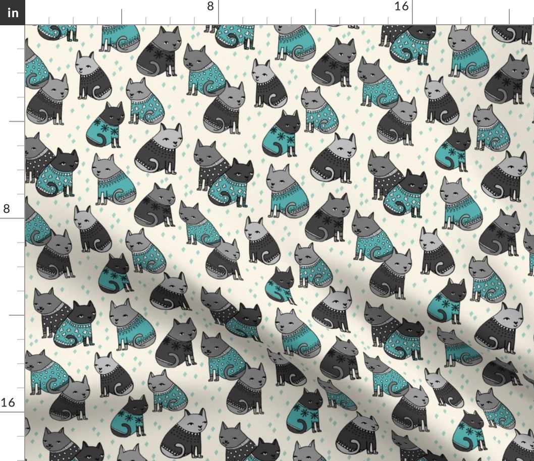 cats in sweaters // grey and blue fashion print for winter christmas cats and repeating fashion print textiles 