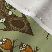 Owls in a Tree - green