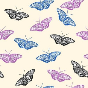 Butterflies in blue, purple and black