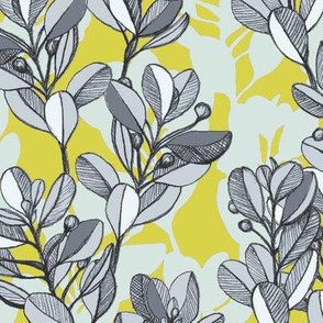 Leaf and Berry Sketch Pattern in Mustard and Ash