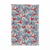 leaf and berry sketch pattern in red and blue