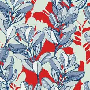 leaf and berry sketch pattern in red and blue