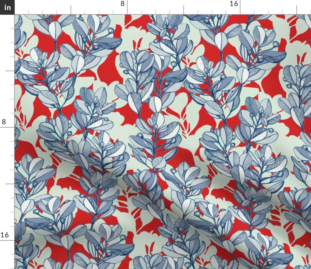 leaf and berry sketch pattern in red and blue