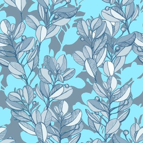 leaf and berry sketch pattern in turquoise blue and grey