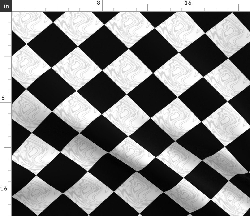 Wonderland Chessboard Check ~ Black and White Marbled with Silver Leaf