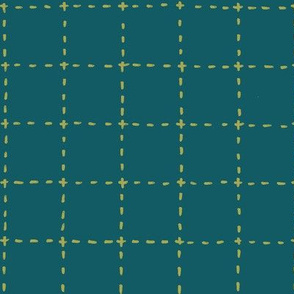 stitched grid in olive and teal