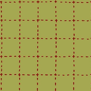 stitched grid in olive and red