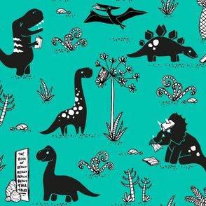 Library Dinos - Black on Aqua