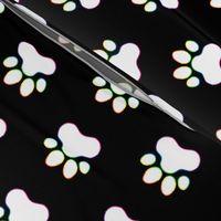 Pawprint Polka dots - 1 inch (2.54cm) - White (#FFFFFF) with Rainbow Outline on Black (#000000)