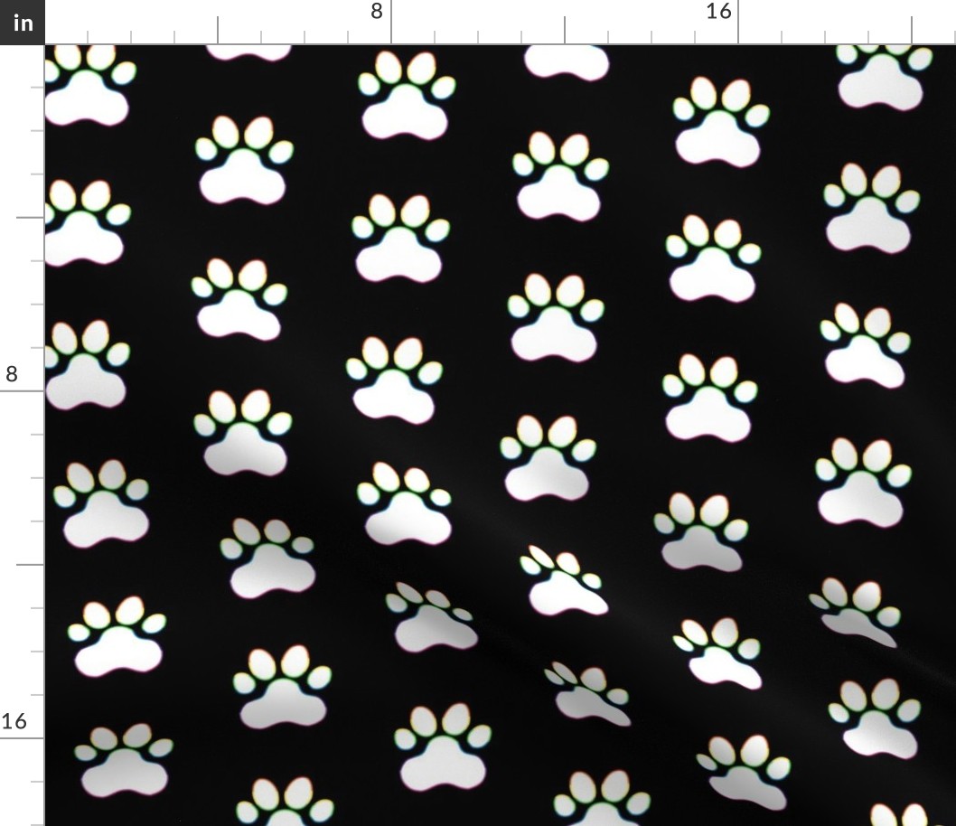Pawprint Polka dots - 1 inch (2.54cm) - White (#FFFFFF) with Rainbow Outline on Black (#000000)