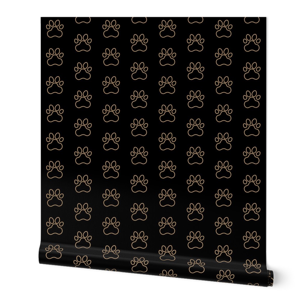 Pawprint Outline Polka dots - 1 inch (2.54cm) - Light Brown (#E0B67C) on Black (#000000)