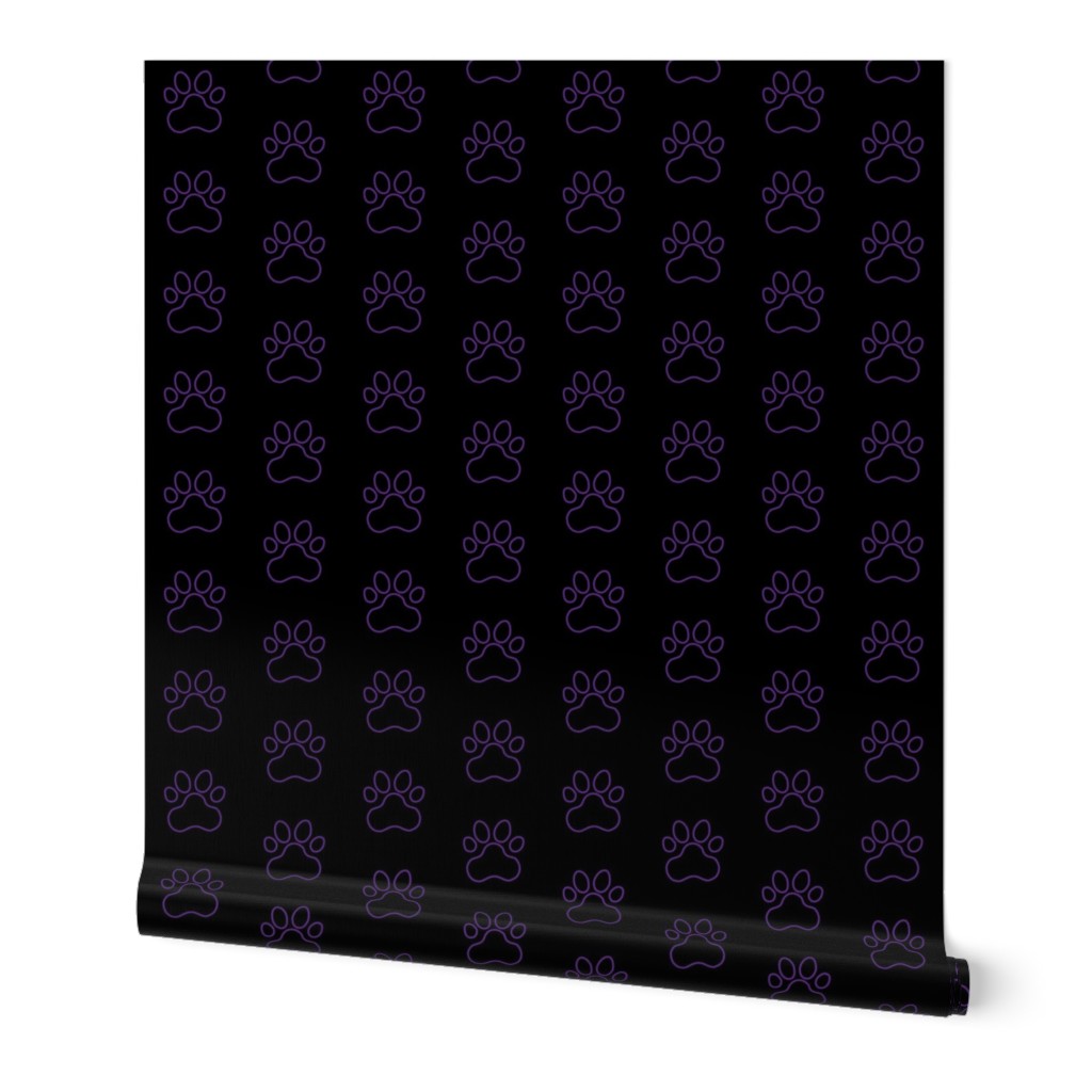 Pawprint Outline Polka dots - 1 inch (2.54cm) - Mid Purple (#a25bb1) on Black (#000000)