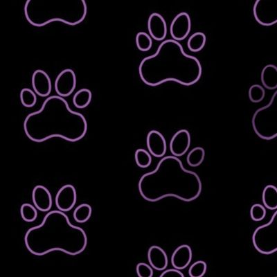 Pawprint Outline Polka dots - 1 inch (2.54cm) - Mid Purple (#a25bb1) on Black (#000000)