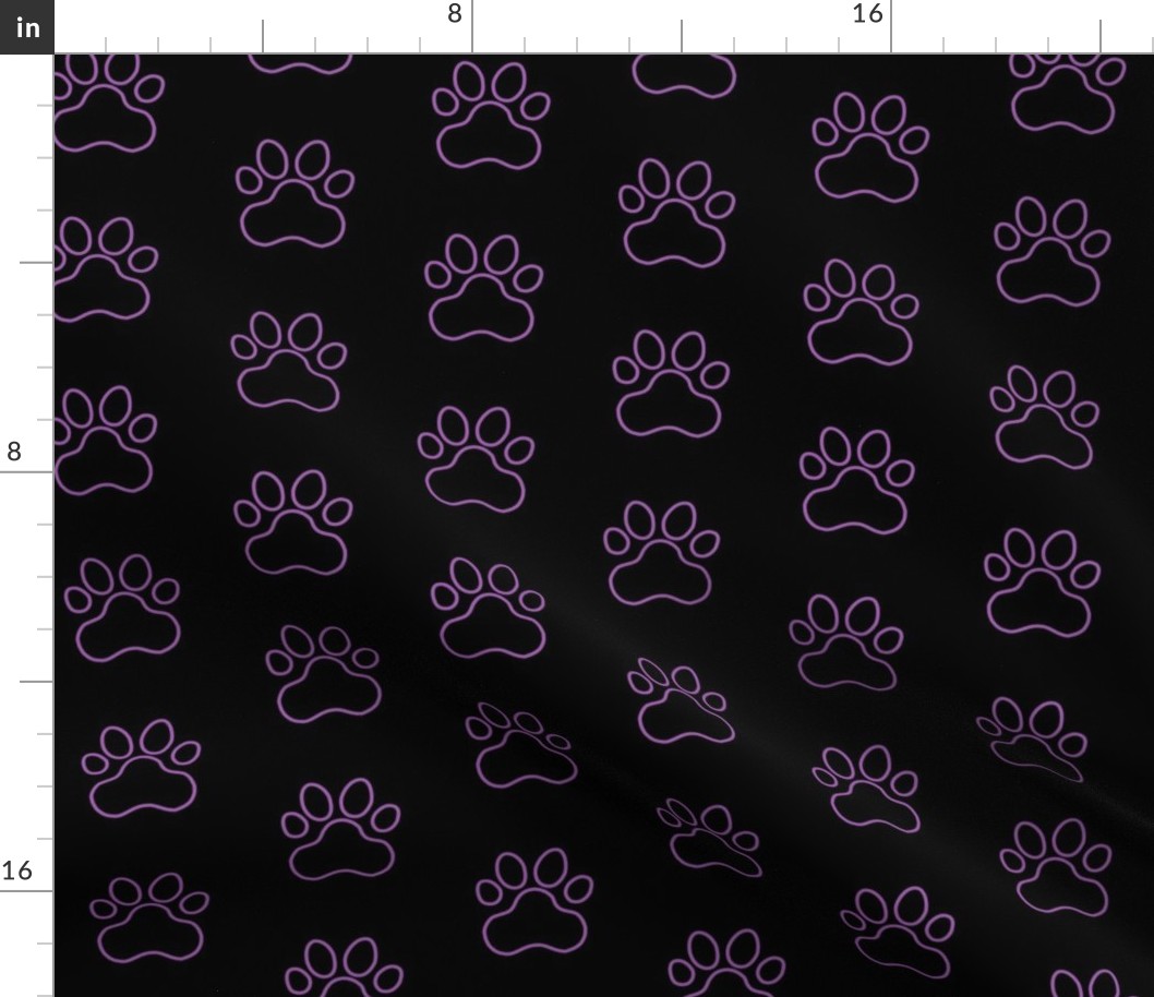 Pawprint Outline Polka dots - 1 inch (2.54cm) - Mid Purple (#a25bb1) on Black (#000000)
