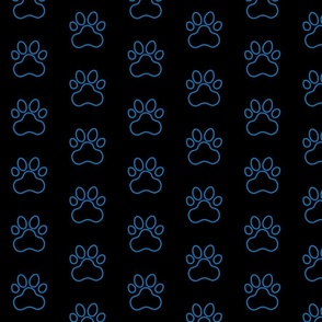 Pawprint Outline Polka dots - 1 inch (2.54cm) - Mid Blue (#0081c8) on Black (#000000)