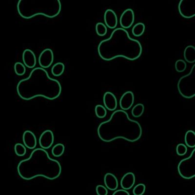 Pawprint Outline Polka dots - 1 inch (2.54cm) - Dark Green (#007934) on Black (#000000)