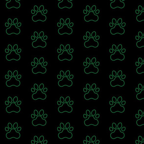 Pawprint Outline Polka dots - 1 inch (2.54cm) - Dark Green (#007934) on Black (#000000)