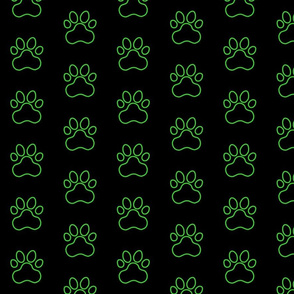 Pawprint Outline Polka dots - 1 inch (2.54cm) - Mid Green (#3ad42d) on Black (#000000)