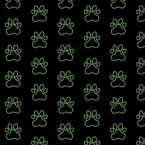Pawprint Outline Polka dots - 1 inch (2.54cm) - Light Green (#89DA65) on Black (#000000)
