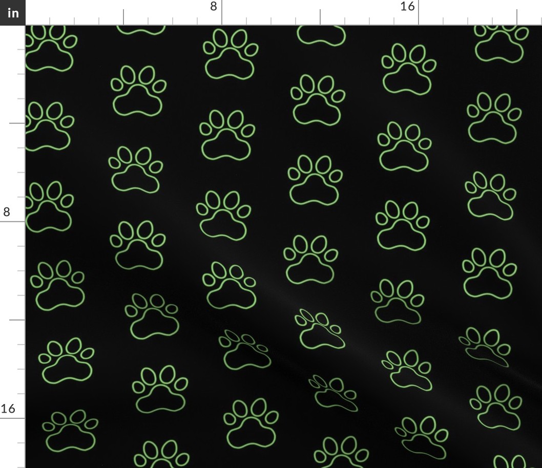Pawprint Outline Polka dots - 1 inch (2.54cm) - Light Green (#89DA65) on Black (#000000)