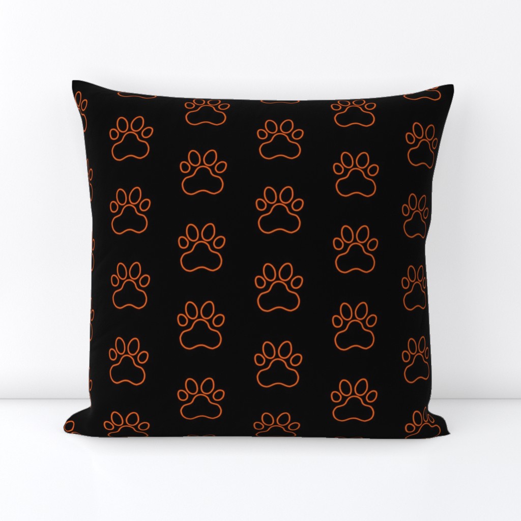 Pawprint Outline Polka dots - 1 inch (2.54cm) - Mid Orange (#FF5F00) on Black (#000000)