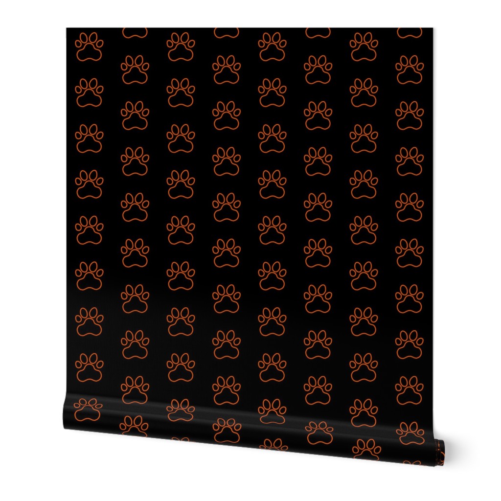 Pawprint Outline Polka dots - 1 inch (2.54cm) - Mid Orange (#FF5F00) on Black (#000000)