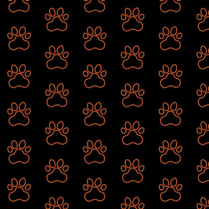 Pawprint Outline Polka dots - 1 inch (2.54cm) - Mid Orange (#FF5F00) on Black (#000000)