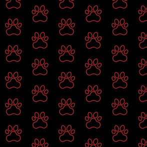 Pawprint Outline Polka dots - 1 inch (2.54cm) - Red (#E0201B) on Black (#000000)