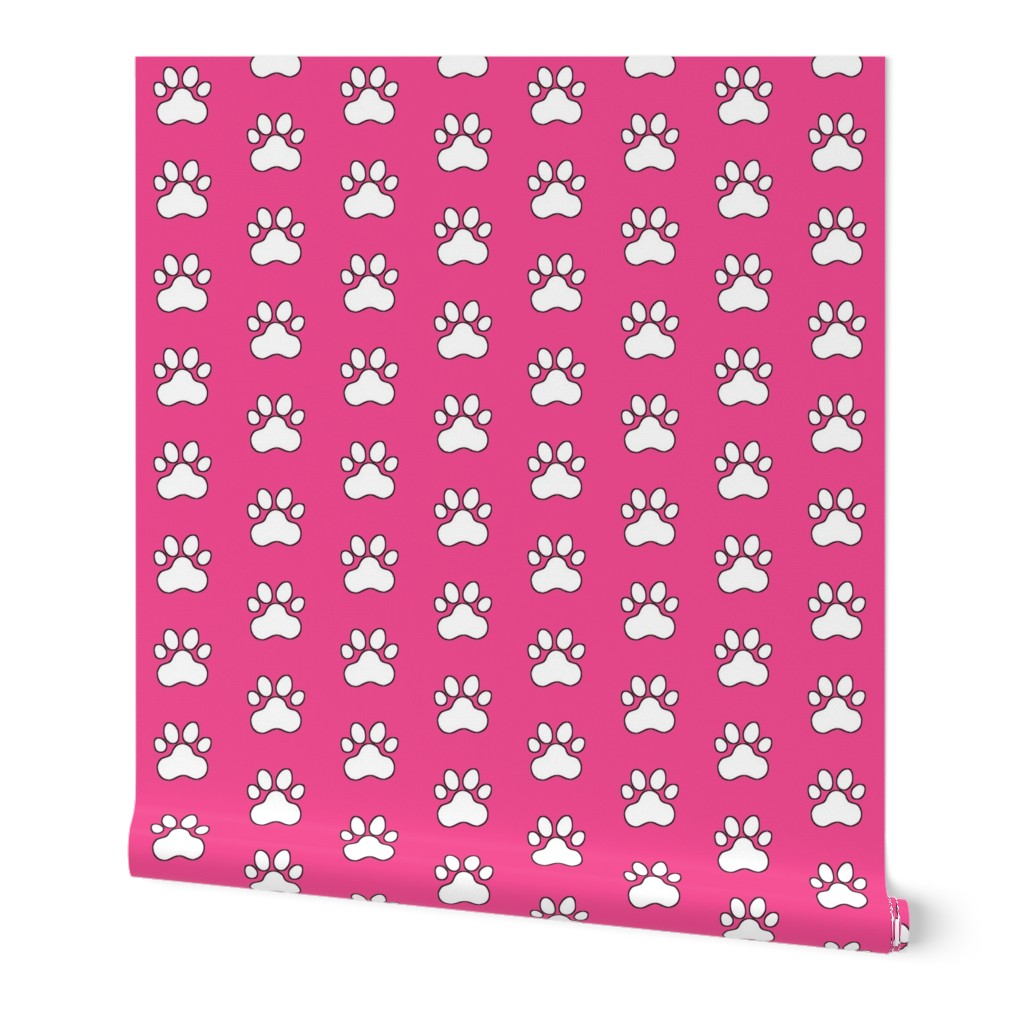 Pawprint Outline Polka dots - 1 inch (2.54cm) - White (#FFFFFF) on Pink (#f34c92)