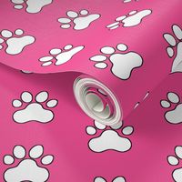 Pawprint Outline Polka dots - 1 inch (2.54cm) - White (#FFFFFF) on Pink (#f34c92)