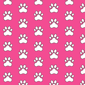 Pawprint Outline Polka dots - 1 inch (2.54cm) - White (#FFFFFF) on Pink (#f34c92)