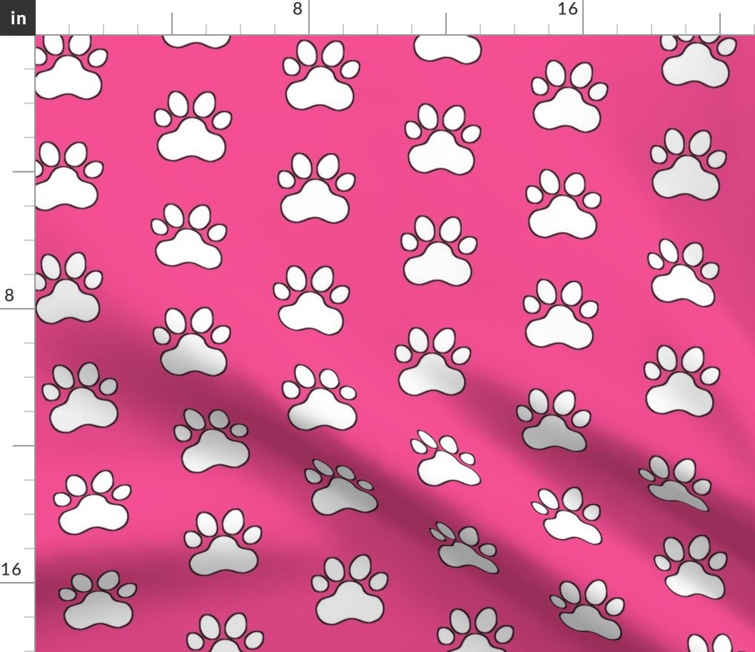 Pawprint Outline Polka dots - 1 inch (2.54cm) - White (#FFFFFF) on Pink (#f34c92)