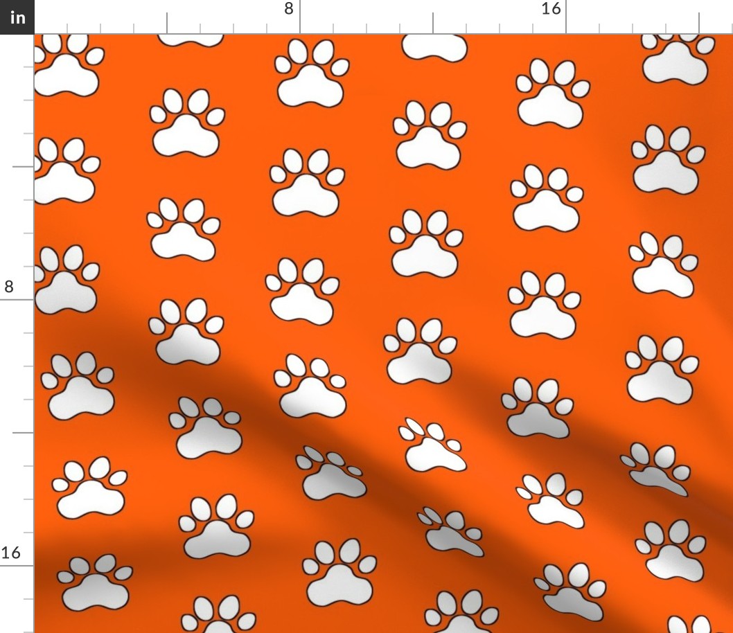 Pawprint Polka dots - 1 inch (2.54cm) - White (#FFFFFF) on Mid Orange (#FF5F00)