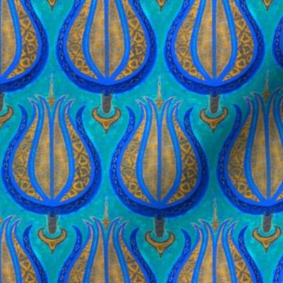 LARGE Tulips woven in old gold on cerulean blue by Su_G_©SuSchaefer