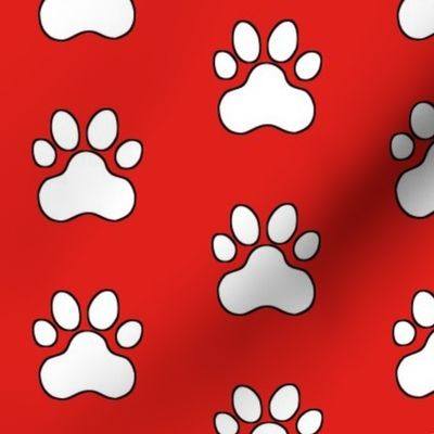 Pawprint Polka dots - 1 inch (2.54cm) - White (#FFFFFF) on Red (#E0201B)