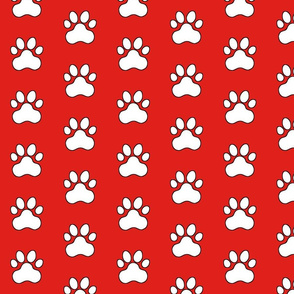 Pawprint Polka dots - 1 inch (2.54cm) - White (#FFFFFF) on Red (#E0201B)