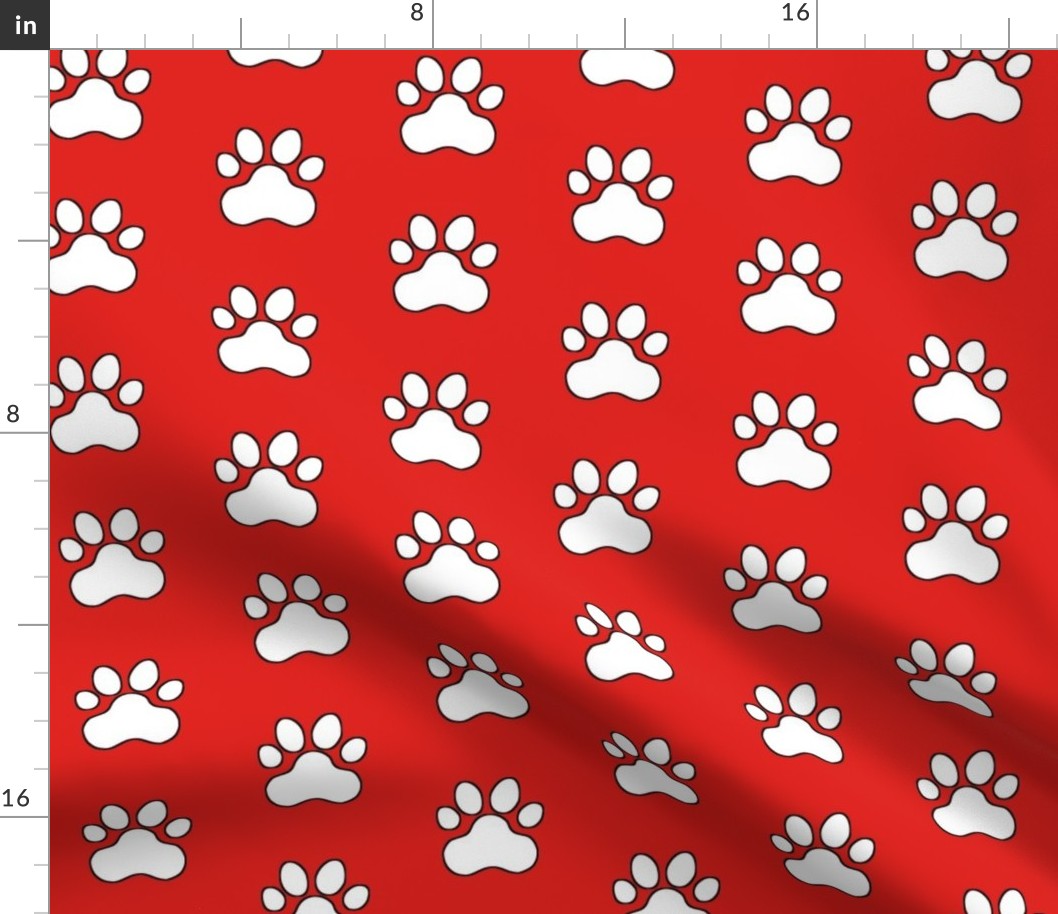 Pawprint Polka dots - 1 inch (2.54cm) - White (#FFFFFF) on Red (#E0201B)