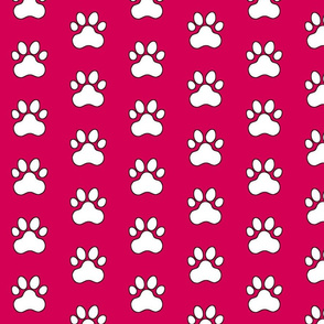 Pawprint Polka dots - 1 inch (2.54cm) - White (#FFFFFF) on Dark Pink (#D30053)