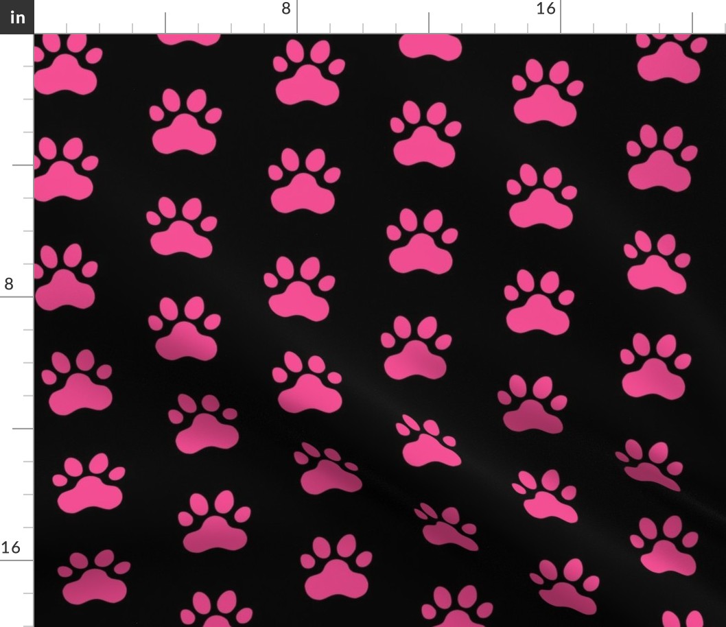 Pawprint Polka dots - 1 inch (2.54cm) - Mid Pink (#F34C92) on Black (#000000)