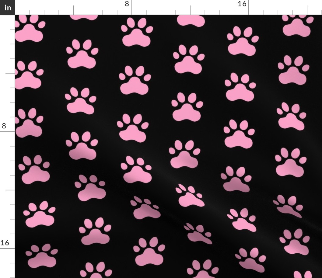 Pawprint Polka dots - 1 inch (2.54cm) - Light Pink (#FBA0C6) on Black (#000000)