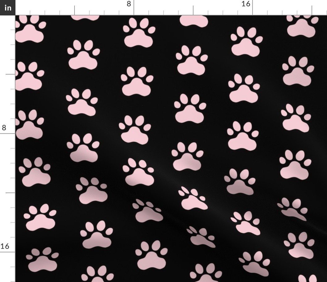 Pawprint Polka dots - 1 inch (2.54cm) - Pale Pink (#F5CCD3) on Black (#000000)