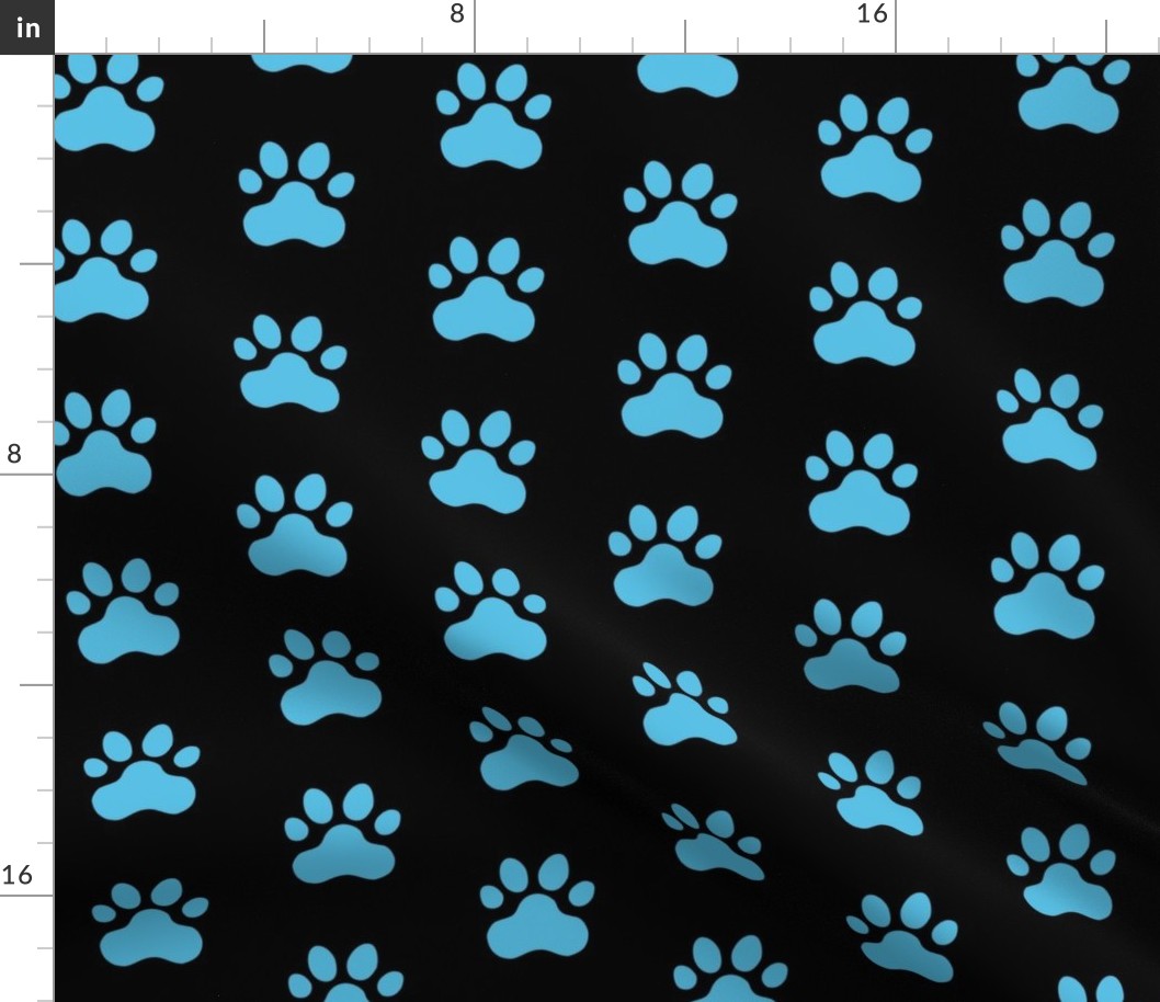 Pawprint Polka dots - 1 inch (2.54cm) - Pale Blue (#57BEE4) on Black (#000000)