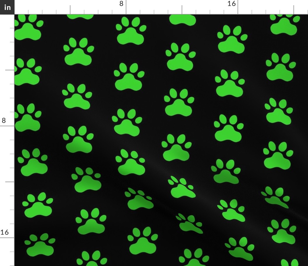 Pawprint Polka dots - 1 inch (2.54cm) - Mid Green (#3AD42D) on Black (#000000)