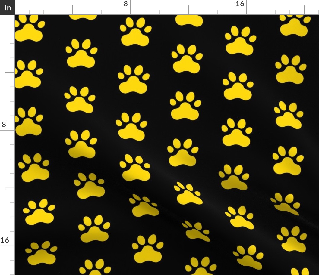 Pawprint Polka dots - 1 inch (2.54cm) - Yellow (#FFD900) on Black (#000000)