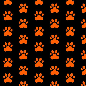 Pawprint Polka dots - 1 inch (2.54cm) - Mid Orange (#FF5F00) on Black (#000000)