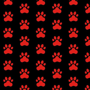 Pawprint Polka dots - 1 inch (2.54cm) - Red (#E0201B) on Black (#000000)